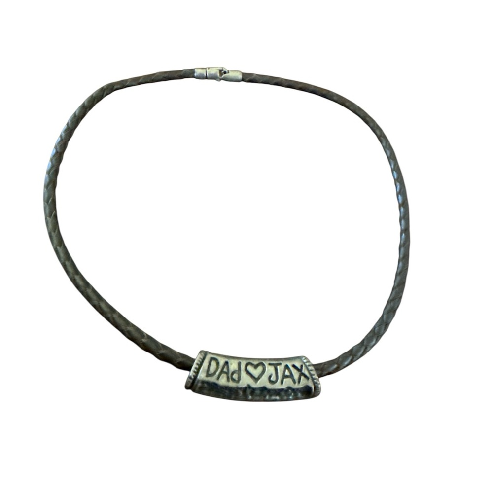 Men’s leather braided bracelet brown with 
“Dad❤️JAX” wording engraved